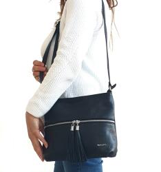 RIALTO fekete előzsebes, dupla rojt húzókás, bőr divattáska RX377DO-03 - taskaweb