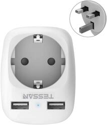 TESSAN TS-611 aljzat adapter, EU-UK, 2xUSB-2.4A, 10A, fehér