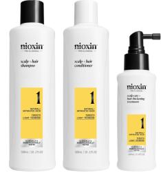 Nioxin System 1 törésgátló professzionális készlet enyhén ritkuló megjelenésű természetes hajhoz: sampon, 300 ml + balzsam, 300 ml + kezelés, 100 ml