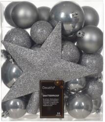 Decoris 32 db-os karácsonyi csecsebecse készlet, fa tetejével díszítve, műanyag, különböző méretű, szürke