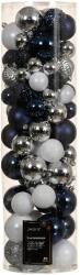Decoris karácsonyi díszkészlet, műanyag, többféle méretben, kerek forma, ezüst/kék/fehér, 80 db