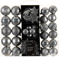 Decoris karácsonyi díszdoboz készlet, műanyag, többféle méretben, szürke, 40 db