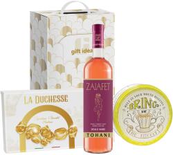 Gift Idea Cupidon ajándékcsomag, Zaiafet Velvet Winery D. O. C. félszáraz rózsaborral, Jacobsens Phrases vajas sütivel fémdobozban, La Duchesse - Signature Chocolat csokoládé pralinéval és Ajándékötlet ajándékd