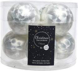 Kaemingk 8 darabos gömbdísz készlet, üveg, 7 cm, tollas megjelenés, matt fehér