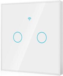 Rovo FN2C intelligens érintőkapcsoló, Wi-Fi, Null-Free, 2 csatorna, 10A, RF 433MHz, Biztonsági üveg, Tuya, Life Smart, Amaxon Alexa/Google Assistant kompatibilis, Fehér