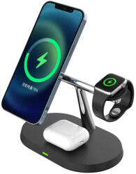 3in1 MagSafe QI vezeték nélküli töltőállvány QC 15W fekete