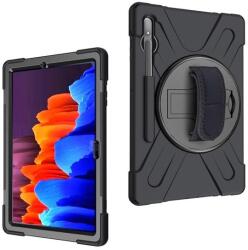 Samsung Tab S7 Plus 12.4 / Tab S7 FE 12.4 / Tab S8 Plus 12.4, Műanyag hátlap védőtok, szilikon belső, kitámasztóval, kézpánt, Defender, fekete