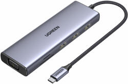 UGREEN CM498 15600 USB-C adapter - 3x USB-A 3.0 / HDMI / VGA / RJ45 / SD / TF kártyaolvasó / USB-C PD - szürke (148567)