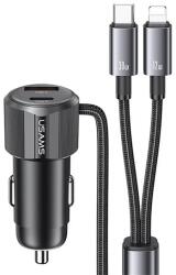 USAMS autós töltő USB+Type-C aljzat (66W, PD gyorstöltő + fix Type-C - lightning kábel) FEKETE (CC287CC01) - bluedigital
