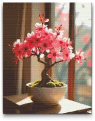 Gyémántszemes kirakó - Sakura bonsai az ablaknál Méret: 30x40cm, Keretezés: Kartonlemezen, Gyémántok: Kerek