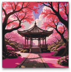  Festés számok szerint - Virágzó sakura pavilonnal Méret: 50x50cm, Keretezés: Kerek keret