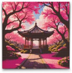 Gyémántszemes kirakó - Virágzó sakura pavilonnal Méret: 50x50cm, Keretezés: Kartonlemezen, Gyémántok: Négyzet alakú