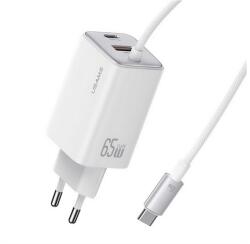 USAMS JC hálózati töltő Type-C aljzat (66W, PD gyorstöltő, GaN + fix Type-C kábel) FEHÉR (CC266TC02)