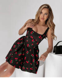 Ie traditionala Rochie Mini Neagra cu Imprimeu Cirese