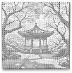  PontPöttyöző - Virágzó sakura pavilonnal Méret: 50x50cm, Keretezés: Kerek keret, Szín: Kék