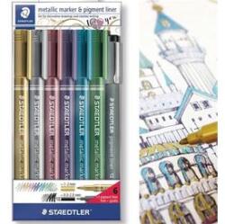 STAEDTLER Dekormarker, 1-2 mm, kúpos, STAEDTLER "8323", 6 különböző metál szín, ajándék fekete tusfilccel (ts8323swp6p) - irodaszer