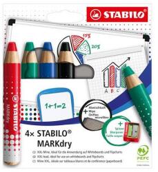 STABILO Markdry Táblaceruza Készlet - Fehértáblához, Flipchartpapírhoz Kúpos, Törlővel És Hegyezővel, 4 Féle Szín (648/4-5)
