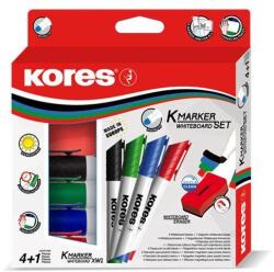 Kores Tábla- és flipchart marker készlet mágneses táblatörlő szivaccsal, 1-3 mm, kúpos KORES, 4 különböző szín (IK20863) - jatekotthon