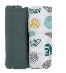 Petite&Mars Bambusz muszlin 2db-os pelenka szett Misty Green Leaves, 120 x 120 cm