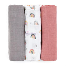 Petite&Mars Bambusz muszlin 3db-os pelenka szett Moussy Rose Rainbows, 68 x 68 cm - babavilag
