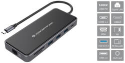 Conceptronic Notebook Dokkoló - DONN15G (USB-C to 2xHDMI+VGA+USB-C PD: 100W+3xUSB-A+RJ-45+SD/TF+AUX) (MOBCONDONN15G)