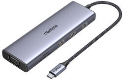 UGREEN CM498 15600 USB-C adapter - 3x USB-A 3.0 / HDMI / VGA / RJ45 / SD / TF kártyaolvasó / USB-C PD - szürke