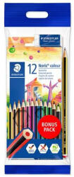 STAEDTLER Színes ceruza készlet, hatszögletű, ajándék grafitceruzával és radírral, STAEDTLER "Noris 185", 12 különböző szín