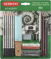 Derwent Academy grafitceruza készlet, 6 db, kiváló minőségű, faragót, radírt, grafitblokkokat, pasztelleket, szénpálcákat, csiszolópapír blokkot tartalmaz (DW2300365)