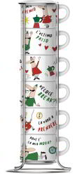 Bialetti Espresso Porcelán Csésze Szett - 65 ml, 6 darabos + Állvány, Mintás