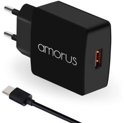 Amorus K6 Hálózati Töltő Usb Aljzat 15w, Pd Gyorstöltő 3.0 + Type-C Kábel, Fekete