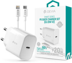DEVIA hálózati töltő adapter Type-C bemenettel + Type-C - Lightning kábel - 20W - Devia Smart Series PD Quick Charger V2 - fehér