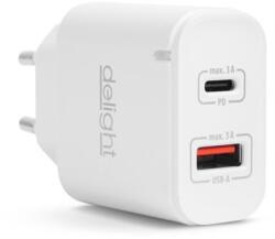 Delight Telefon töltő - 1db Type-C + 1db USB PD20W gyorstöltéssel, Fehér