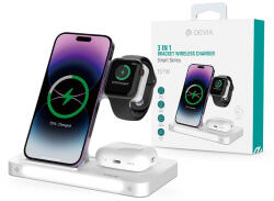 DEVIA Qi univerzális vezeték nélküli töltő állomás - 15W - Devia Smart Series 3 In 1 Bracket Wireless Charger for Smartphone + iWatch + Airpods - fehér - mobilehome