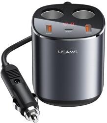 USAMS C28 szivargyújtó adapter (elosztó, 2 szivargyújtó+2 Type-C aljzat, gyorstöltő, 254W, LED kijelző) SÖTÉTSZÜRKE CC151TC01 (CC151TC01)