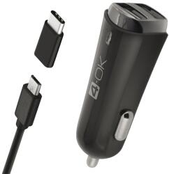 Blautel 4-Ok Autós 2X Usb Töltő + Type-C Adapter + Microusb Kábel - 5V / 3400Ma , Fekete