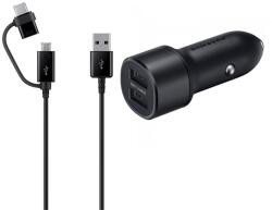 Samsung Autós Töltő 2 Usb Aljzat 15w, Led + Type-C/Microusb Kábel, Fekete