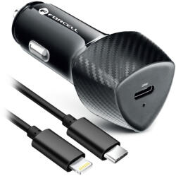 Forcell Szivartöltő fej, autós töltő + iPhone 8pin, lightning töltőkábel, adatkábel gyorstöltő, quick charge, 20W 3A, fekete, karbon mintás, Forcell CC50-1C (CC50-1C)