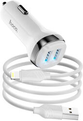 hoco. Szivartöltő fej, autós töltő, 2 USB port + iPhone 8pin, lightning töltőkábel, adatkábel, fehér, 2.4A, Hoco Z40 (Z40)