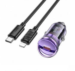 hoco. Z53 autós szivargyújtós töltő, 30W, 3A, 1 x USB-C + Lightning adatkábel, töltőkábel, lila