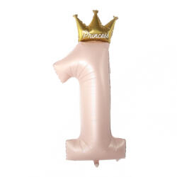 Flippy Balon din Folie Metalizata, Flippy, Figurina Cifra 1, Model Coroana Printesa, 91 cm, Ambalaj Individual, Pai inclus, Umflare cu Aer sau Heliu, Roz (teo-131347)