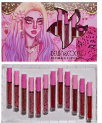 Flippy Set 12 Lip Gloss KevinCoco, nuante de rosu, rose, nude, roz, cutie dreptunghiulara, 26.5x16.5x2.2 cm, 200 g, multicolor (TEO-125560)