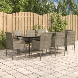 vidaXL 9 részes fekete és szürke polyrattan kerti étkezőszett párnával (3185153)