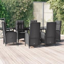 vidaXL 7 részes fekete polyrattan kerti étkezőgarnitúra párnával (3185173)