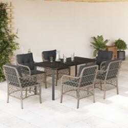 vidaXL 7 részes világosszürke polyrattan kerti étkezőszett párnával (3212177)