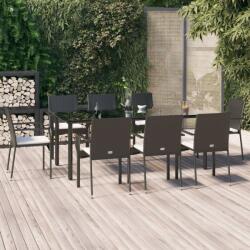 vidaXL 9 részes fekete polyrattan kerti étkezőgarnitúra párnákkal (3185136)