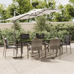 vidaXL 7 részes fekete és szürke polyrattan kerti étkezőszett párnával (3185105)