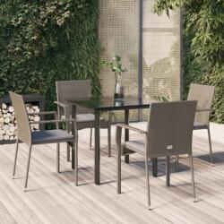 vidaXL 5 részes fekete és szürke polyrattan kerti étkezőszett párnával (3185138)