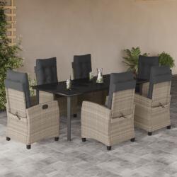 vidaXL 7 részes világosszürke polyrattan kerti étkezőszett párnával (3212859)