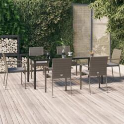 vidaXL 7 részes fekete és szürke polyrattan kerti étkezőszett párnával (3185141)