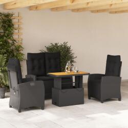 vidaXL 4 részes fekete polyrattan kerti étkezőszett párnákkal (3277396)
